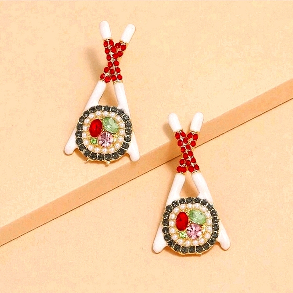(1)PC RHINESTONE SUSHI CHOPSTICK CUTE HIBACHI SUSHI DINNER ANIME FOOD EARRINGS